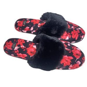 VICTORIAS SECRET Slippers Faux Fur Backless Rubber Soles Women L Black Red Roses